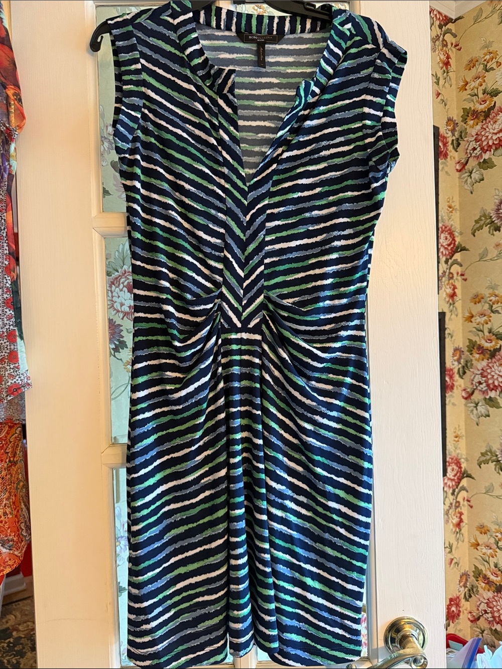 BCBGMaxAzria Navy, Blue & Green Striped Twist-Front Midi Dress